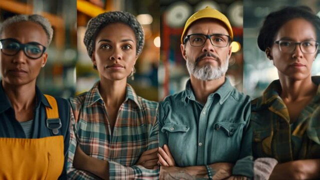 Split screen collage of workers posing for portraits with arms crossed. Multinational experts in the workplace, medicine, logistics, business, entrepreneurship.