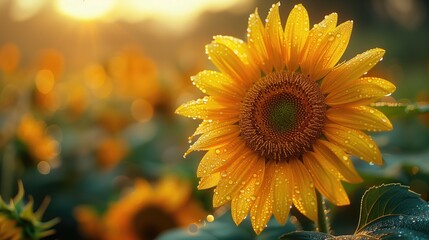 Fototapeta premium Sunflower in the sun's rays on a summer field. Symbol of the Sun. Yellow flowers, agriculture. Seeds and oil.