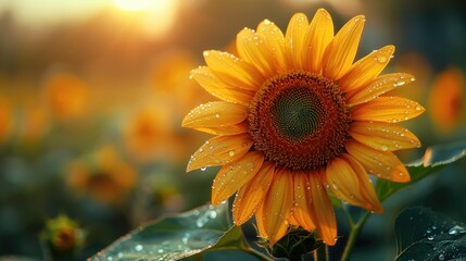 Sunflower in the sun's rays on a summer field. Symbol of the Sun. Yellow flowers, agriculture. Seeds and oil.