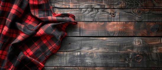 A red and black plaid blanket neatly rests on a wooden surface, creating a cozy and rustic look.