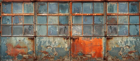 A weathered metal wall covered in rust, featuring numerous windows of various sizes.