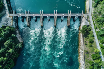 Aerial View of Dam with Spillway Generating Turbulent Water Flow