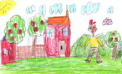 Child drawing of a cheerful child in an apple orchard on a farm. Pencil art in childish style