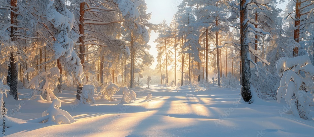 Poster the sun shines through dense taiga trees covered in snow, creating a captivating sight of light and 