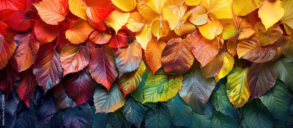 Aufkleber a vibrant display of assorted autumn leaves in various colors forming a multicolored background.