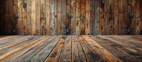 A wooden floor with a wall made of boards, creating a rustic and natural atmosphere.