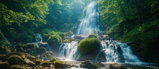 A large waterfall cascades down rocks in the middle of a lush forest.