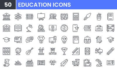 Education and School vector line icon set. Contain linear outline icons like College, Knowledge, University, Book, Study, Certificate, Student, Library, Lesson, Stationery. Editable use and stroke.