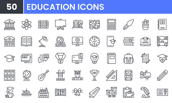 Education and School vector line icon set. Contain linear outline icons like College, Knowledge, University, Book, Study, Certificate, Student, Library, Lesson, Stationery. Editable use and stroke.