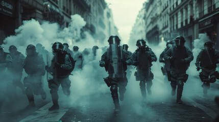 Riot police, police charges, smoke canisters, citizens running - obrazy, fototapety, plakaty