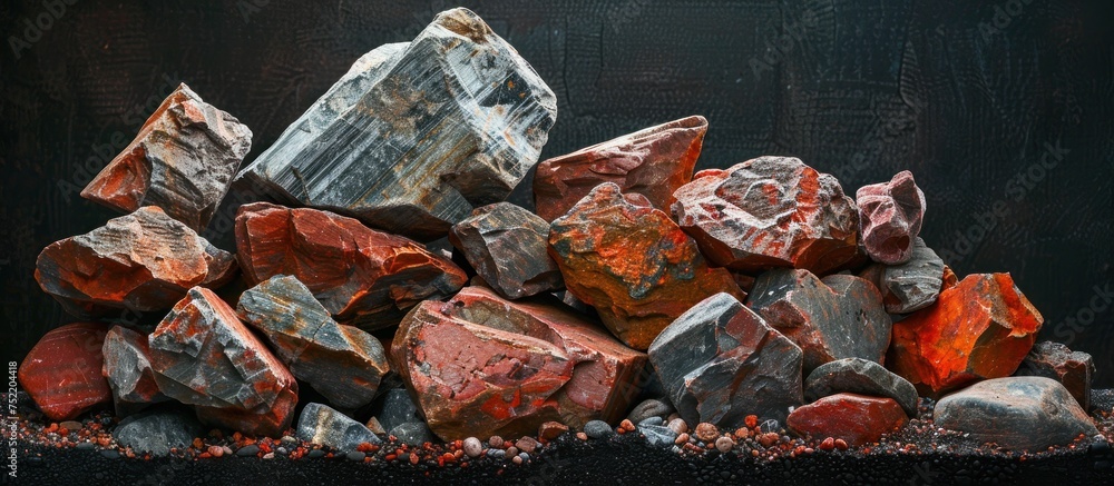 Poster a collection of red rocks stacked on a black surface, creating a contrast in colors and textures.