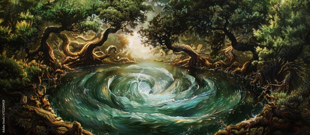 Poster a painting showing a river winding its way through a dense forest with tall trees surrounding it.