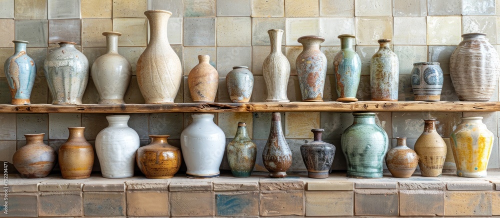 Poster several vases of different shapes and sizes are neatly placed next to each other on a shelf, creatin