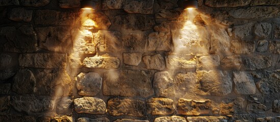 A stone wall is illuminated by three bright lights, casting a warm glow on its textured surface.