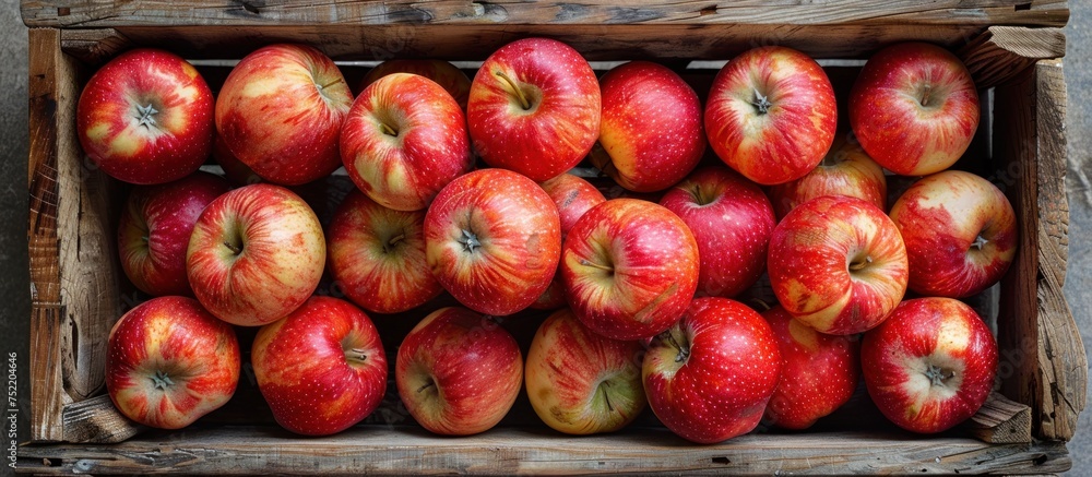 Poster a crate filled with fresh, vibrant red apples stacked neatly.
