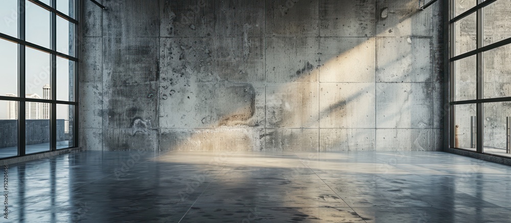 Poster an empty room with expansive windows that flood the space with natural light. the walls are bare con