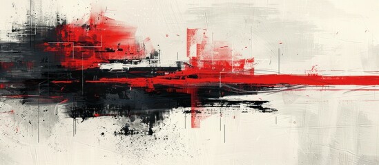 A composition of bold red and black strokes creates an abstract painting on canvas.