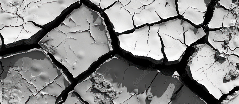 Poster a black and white surface with deep cracks and fractures throughout, displaying a stark and rugged t