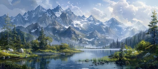 Fototapeta na wymiar A painting showcasing a mountain lake nestled among trees. The serene setting captures the beauty of natures harmony.