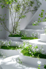 Fototapeta na wymiar Sunlit Indoor Staircase Adorned with Lush Green Plants and Flowers