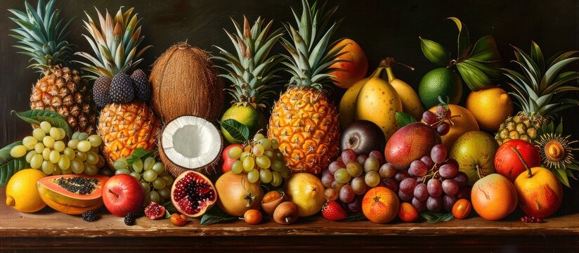 A detailed painting showcasing vibrant and assorted tropical fruits arranged on a table.