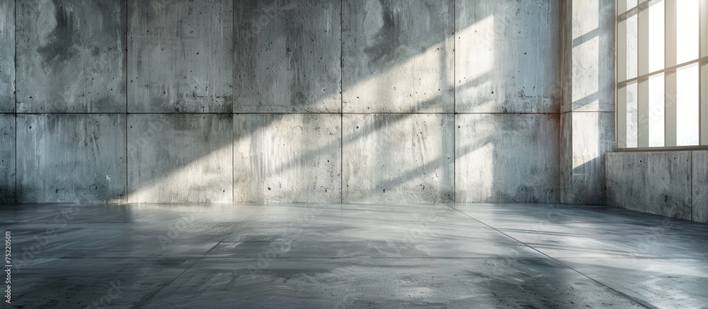 Poster an empty room with raw concrete walls and expansive windows allowing ample natural light.