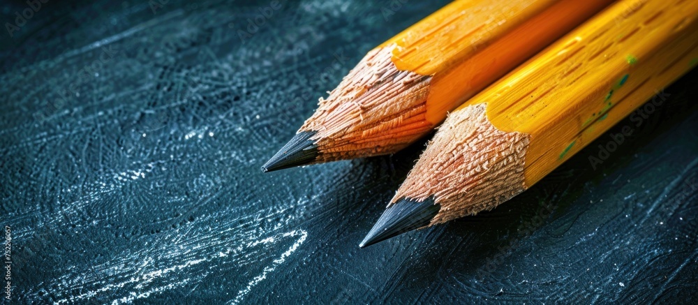 Poster a close-up view of two sharpened pencils laying horizontally on a black surface.