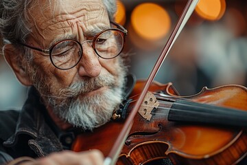 The elegant motion of a violinist's bow gently sliding across violin strings, invoking emotional resonance and a sense of history