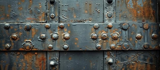 Fototapeta na wymiar Detailed view of a heavy-duty metal door covered in rivets.