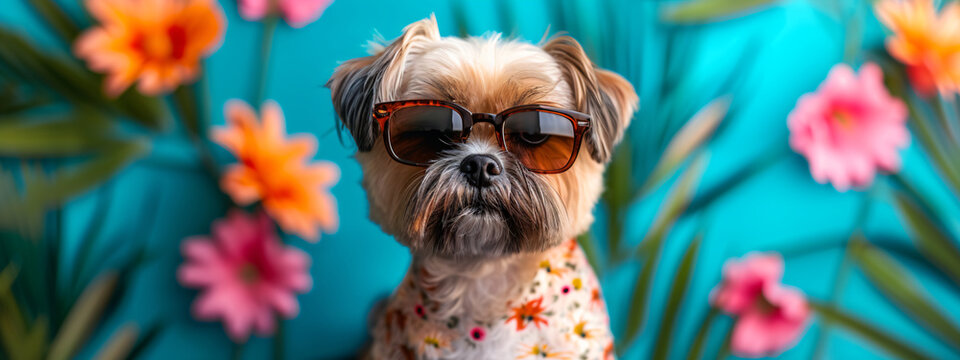 Funny dog wearing sunglasses on blue background with flowers. Cute and happy domestic pet. Summer and spring vacation and holiday concept. Animat for card, banner, advertising 