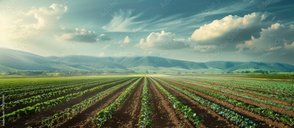 Poster a large field of crops with rows stretching towards the mountains in the background.