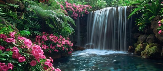 A powerful waterfall cascades down surrounded by vibrant green plants and colorful flowers in a lush tropical setting. - obrazy, fototapety, plakaty