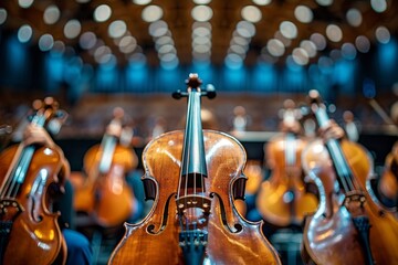 Fototapeta premium A close-up of violins set against a beautifully out-of-focus orchestra background, ready for a concert