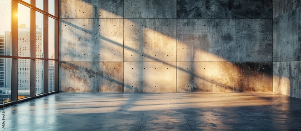 Poster an empty room with a raw concrete wall and a large window that offers a view of a bustling cityscape