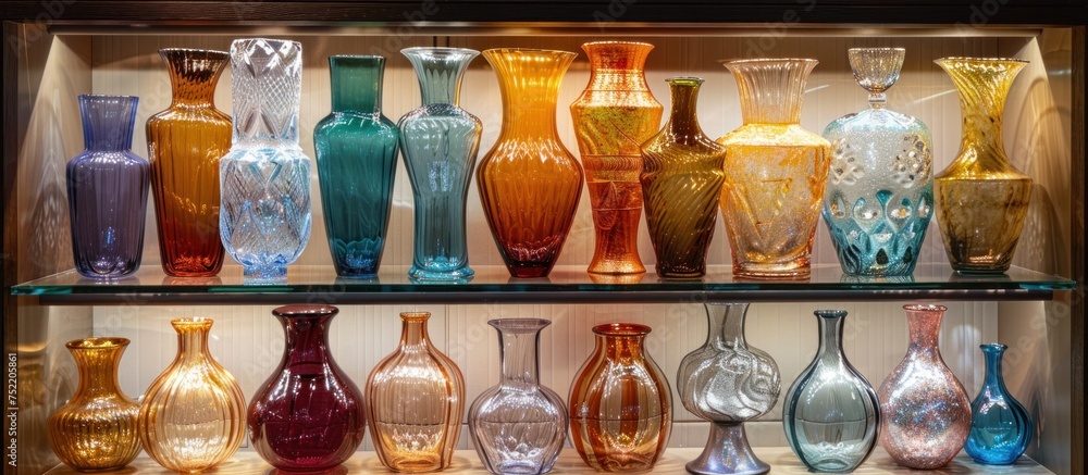 Poster a display case showcasing a variety of different colored vases neatly arranged in a shop setting.