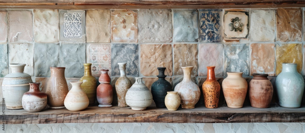 Poster a group of vases neatly arranged on a shelf, showcasing various shapes and sizes.