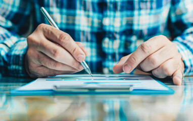Naklejka premium Businessman in home office completes online survey on a tablet, under cool/warm lighting, illustrating performance monitoring with a cloud interface.