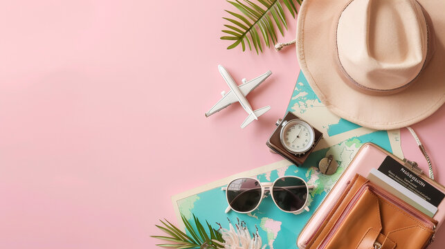 Flat lay travel background with plane, map and hat. 