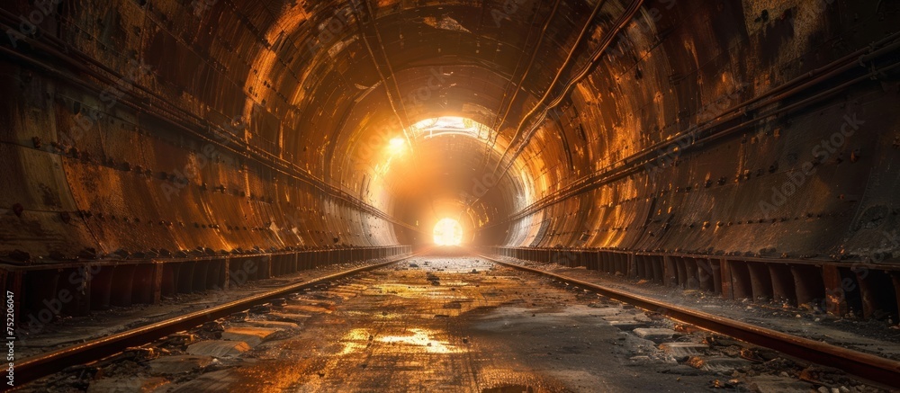 Poster a train track leading through a tunnel with a bright light visible at the end, creating a mesmerizin