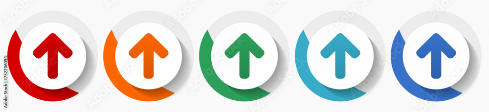 Poster Up arrow, upload vector icon set, flat icons for logo design, webdesign and mobile applications, colorful round buttons