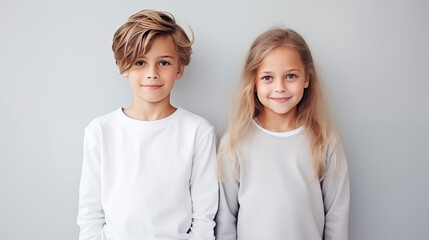 Brother and sister in light clothes, children standing next to each other and smiling, empty space for text, national siblings day, banner. Portrait of cute children on a light background