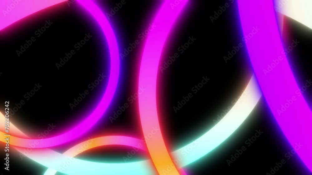 Poster dynamic neon circles move in black space. video transition. 4k video for your project.