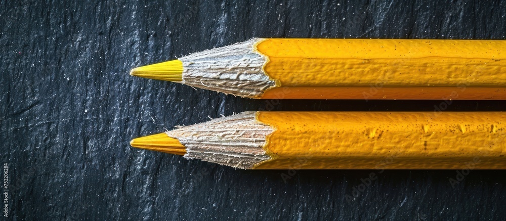 Poster two sharpened yellow pencils placed horizontally next to each other on a flat surface.
