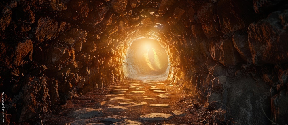 Poster a stone tunnel illuminated at the end by a bright light, creating a striking contrast between darkne