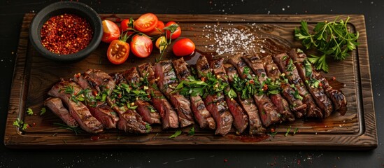 A succulent steak is placed on a modern wooden cutting board, accompanied by fresh tomatoes and fragrant herbs. - obrazy, fototapety, plakaty
