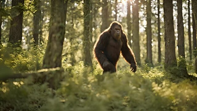 Bigfoot creature is standing in the dense forest, appearing huge and mysterious against the backdrop of trees