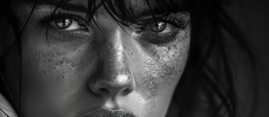 Detailed close-up of a womans face showcasing her freckles in black and white. - obrazy, fototapety, plakaty