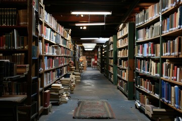An old library aisle bathed in soft light, showcasing rows of various books and a vintage carpet on the floor