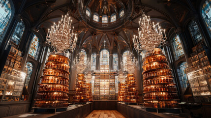 Fototapeta na wymiar Vast alcohol cellar and tasting hall, modern gothic style