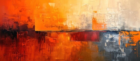 An abstract painting dominated by vibrant orange and yellow colors, showcasing bold brush strokes and dynamic shapes.